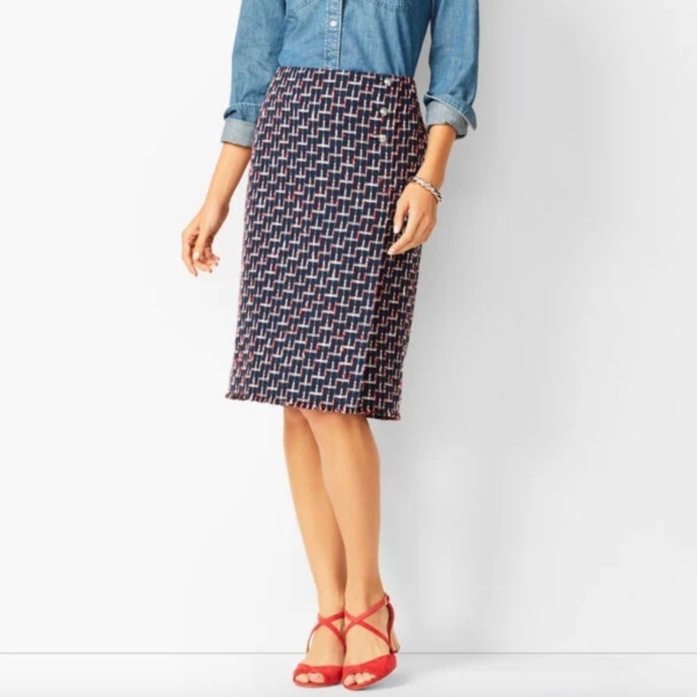 Talbots Boucle Wrap Skirt Silver Buttons Navy Red White Textured Size 14